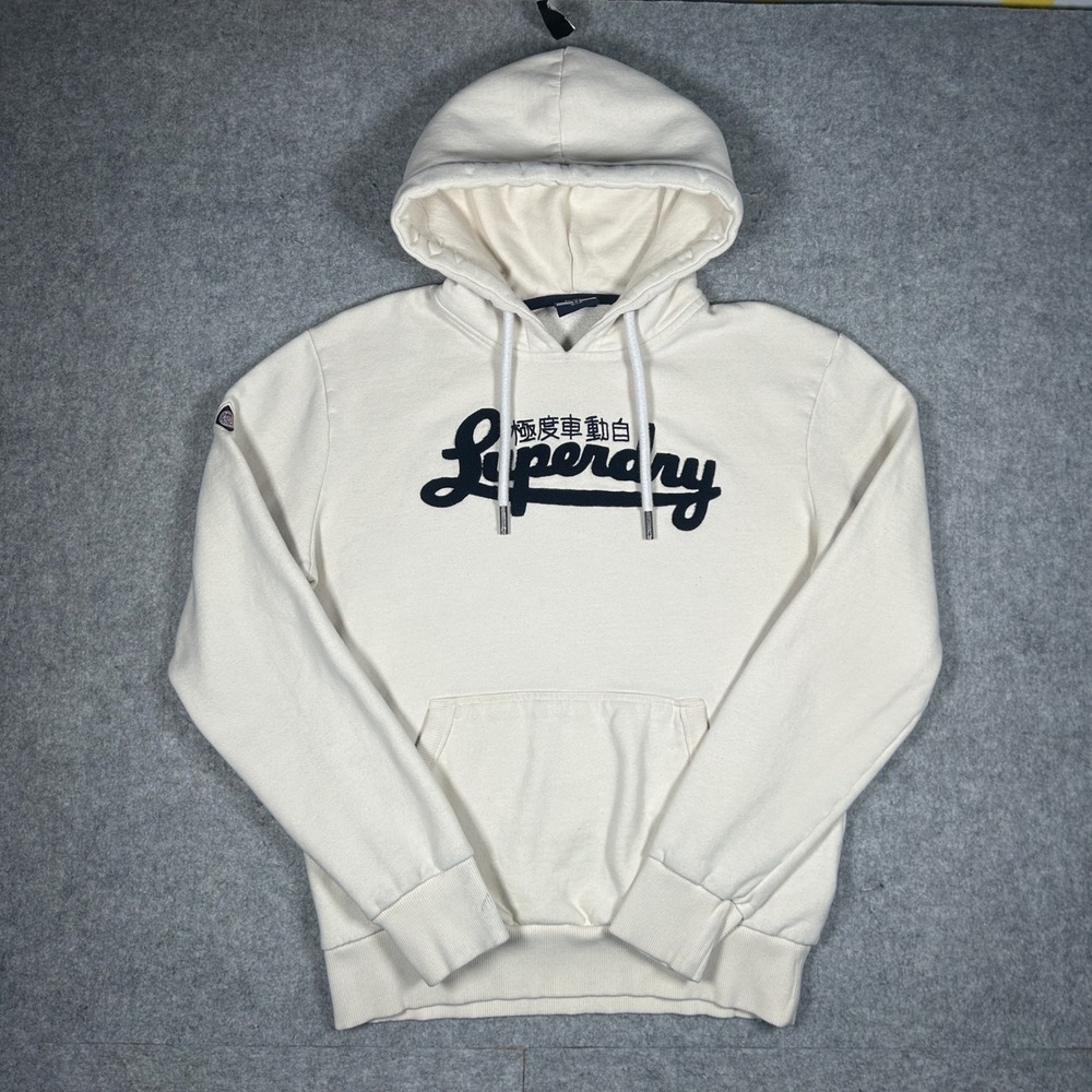 Superdry hoodie Men L White College Sportswear Pullover Graphic Logo Streetwear